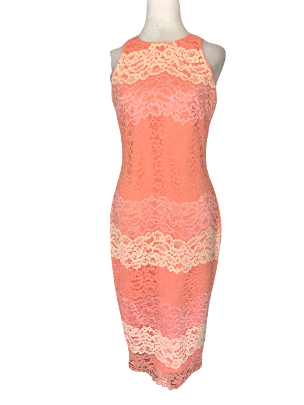NWT Alexia Admor XS Coral Pink Cream Lace Sleeveless Feminine Midi Sheath Dress